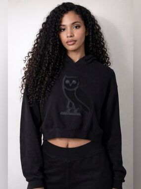 OVO Black Cropped Hoodie with Embossed Owl
